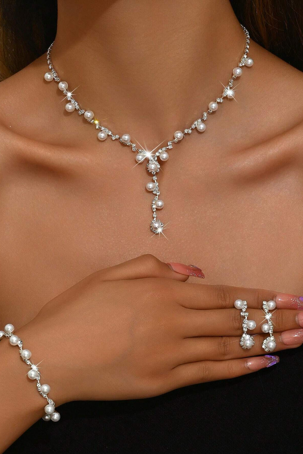 Lariat Pearl Crystal Bridal 3in1 Jewelry Set Silver Formal Jewelry
