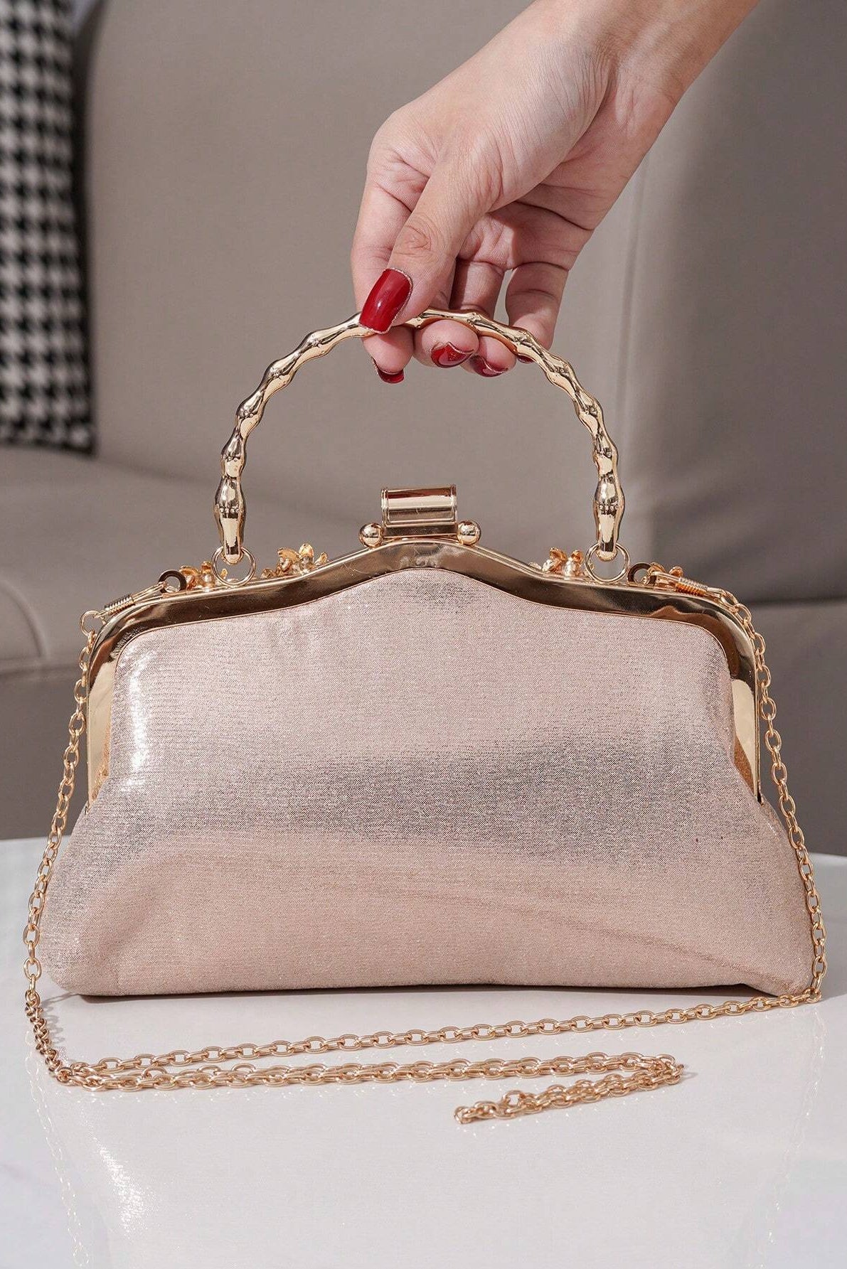 Light Champagne Shimmer Fabric 3D Floral Pearl Kiss Lock Clutch Bag Twisted Bamboo Gold Metal Top Handle