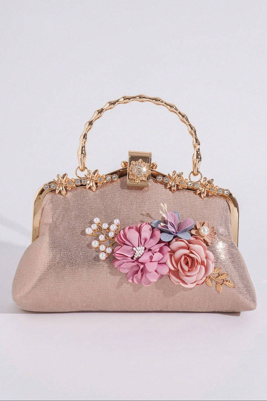 Light Champagne Shimmer Fabric 3D Floral Pearl Kiss Lock Clutch Bag Twisted Bamboo Gold Metal Top Handle