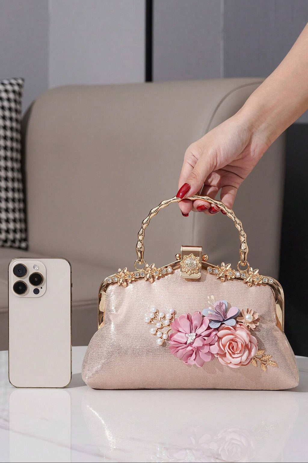Light Champagne Shimmer Fabric 3D Floral Pearl Kiss Lock Clutch Bag Twisted Bamboo Gold Metal Top Handle