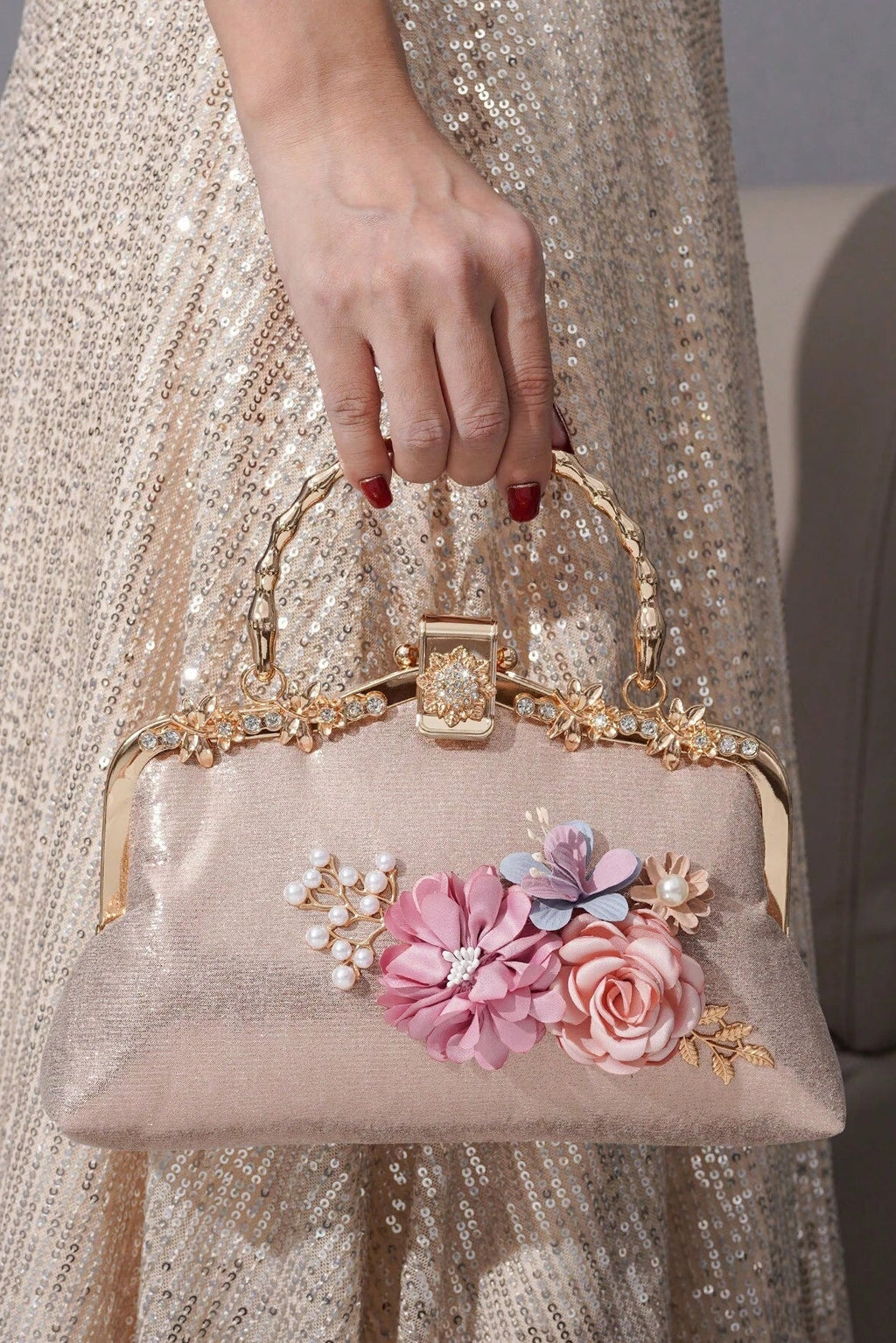 Light Champagne Shimmer Fabric 3D Floral Pearl Kiss Lock Clutch Bag Twisted Bamboo Gold Metal Top Handle