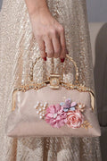 Light Champagne Shimmer Fabric 3D Floral Pearl Kiss Lock Clutch Bag Twisted Bamboo Gold Metal Top Handle