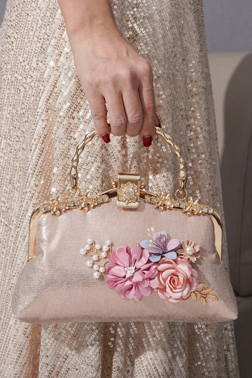 Light Champagne Shimmer Fabric 3D Floral Pearl Kiss Lock Clutch Bag Twisted Bamboo Gold Metal Top Handle