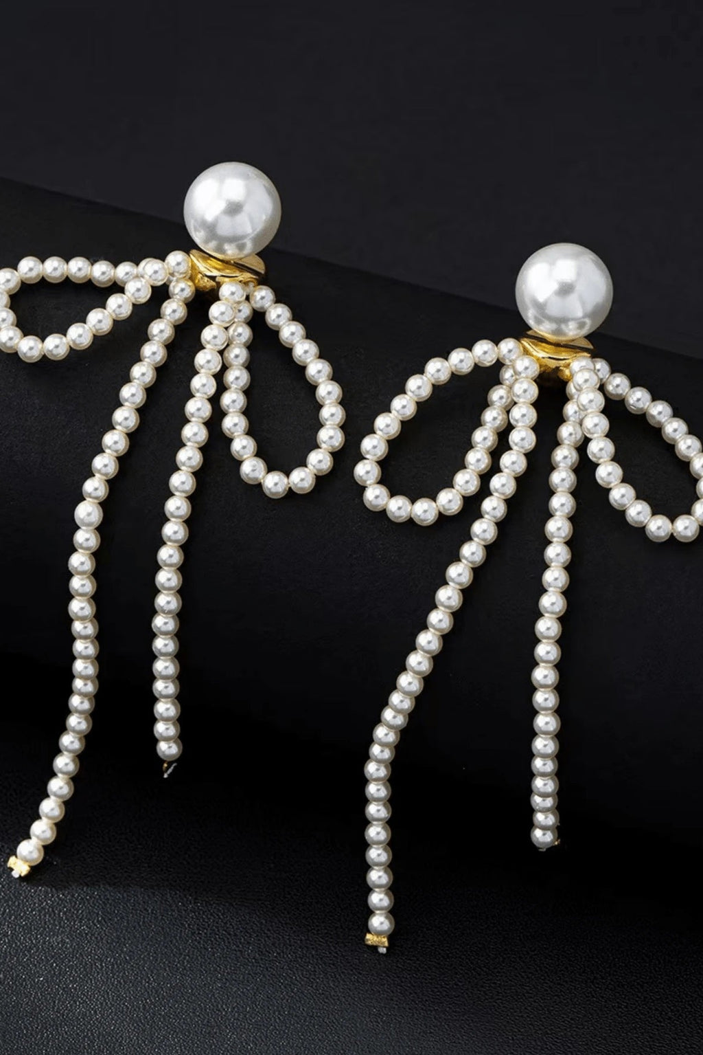 Pearl Beaded Bow Long Tassel Drop Earrings Gold Fashion Jewelry