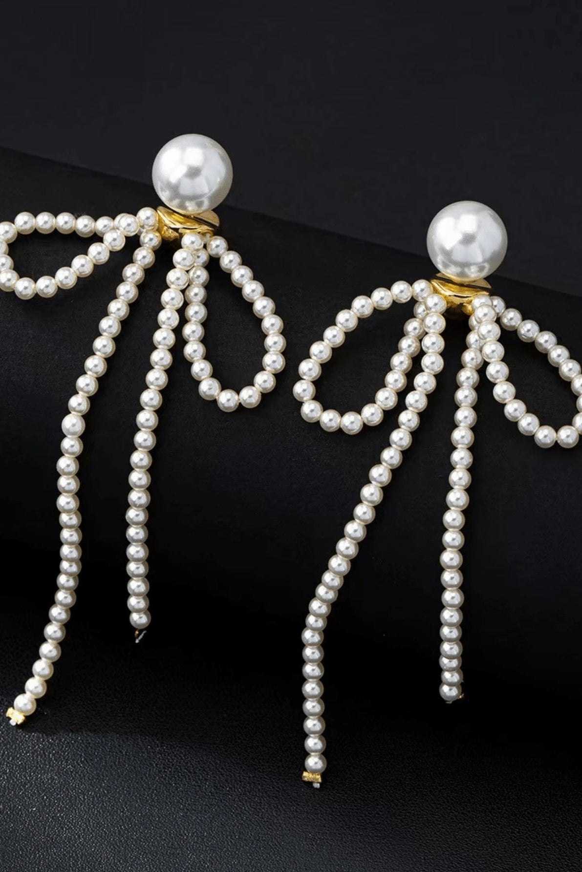 Pearl Beaded Bow Long Tassel Drop Earrings Gold Fashion Jewelry