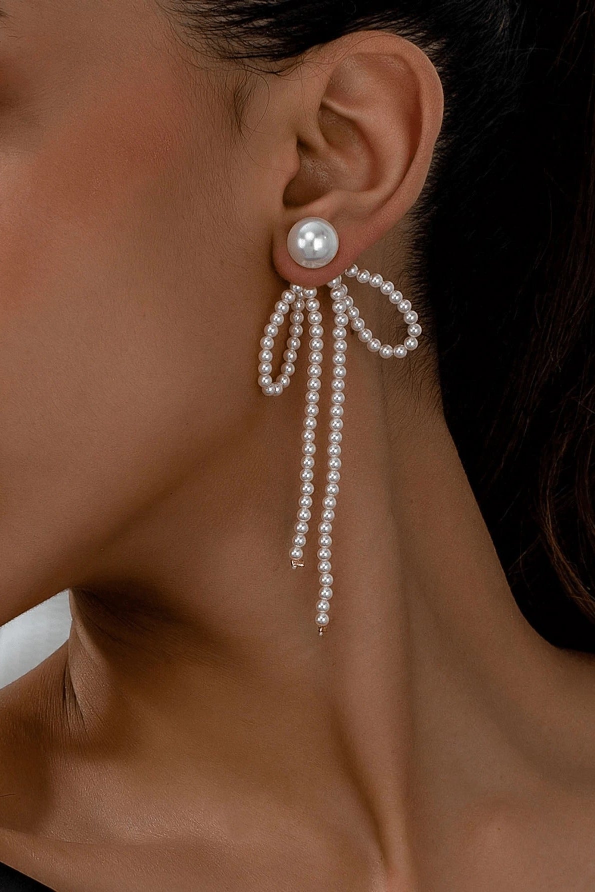 Pearl Beaded Bow Long Tassel Drop Earrings Gold Fashion Jewelry