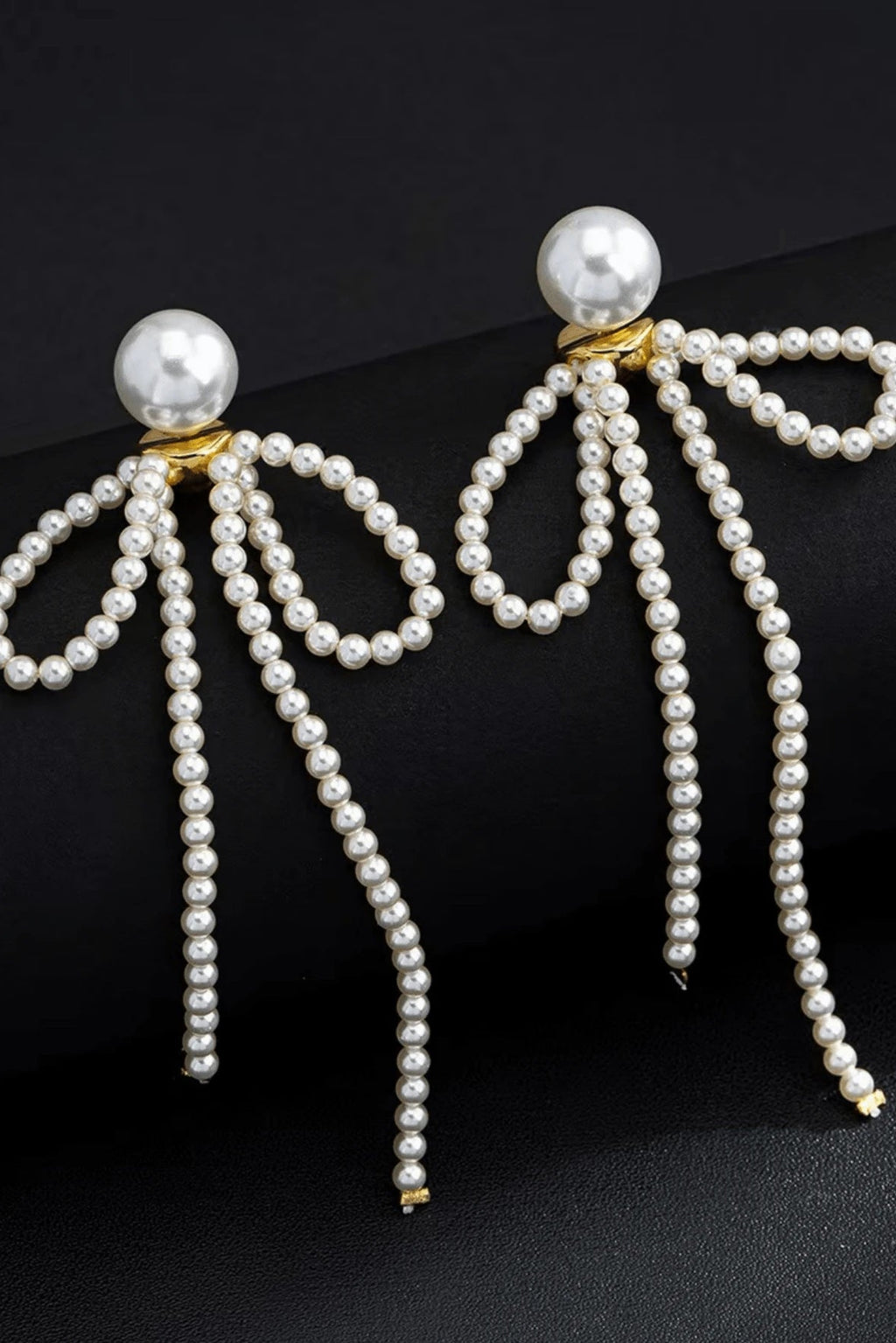 Pearl Beaded Bow Long Tassel Drop Earrings Gold Fashion Jewelry
