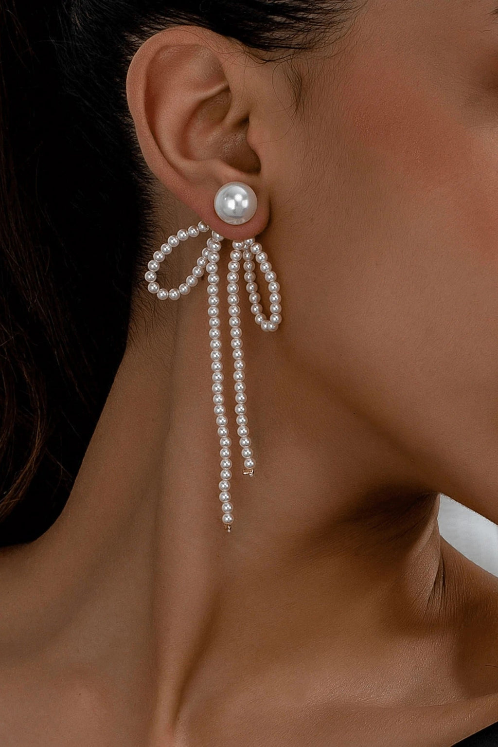 Pearl Beaded Bow Long Tassel Drop Earrings Gold Fashion Jewelry