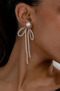 Pearl Beaded Bow Long Tassel Drop Earrings Gold Fashion Jewelry