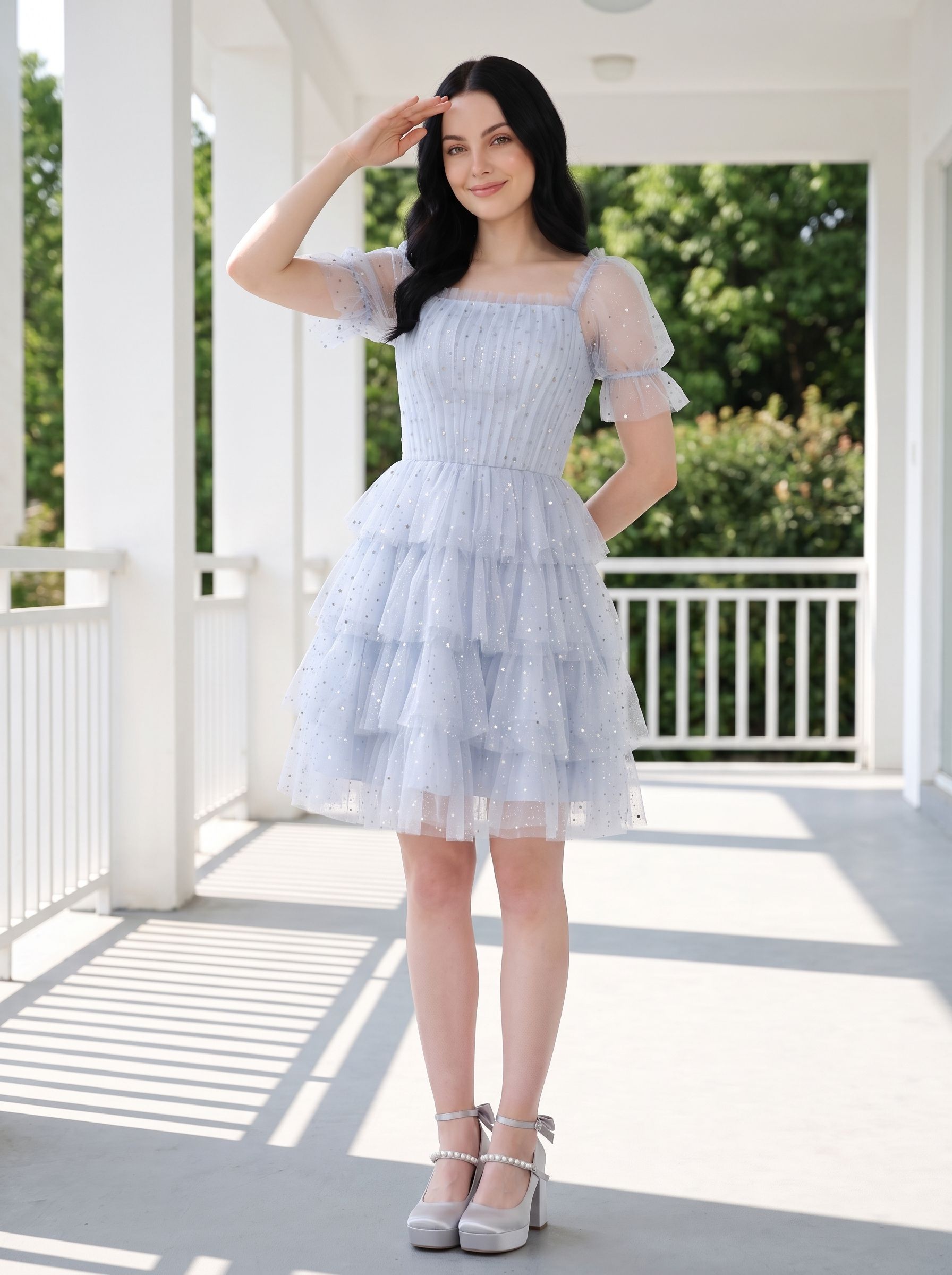 Mist Tulle A-Line Square Neck Back Zip Short Dress with Tiered Tulle Layers