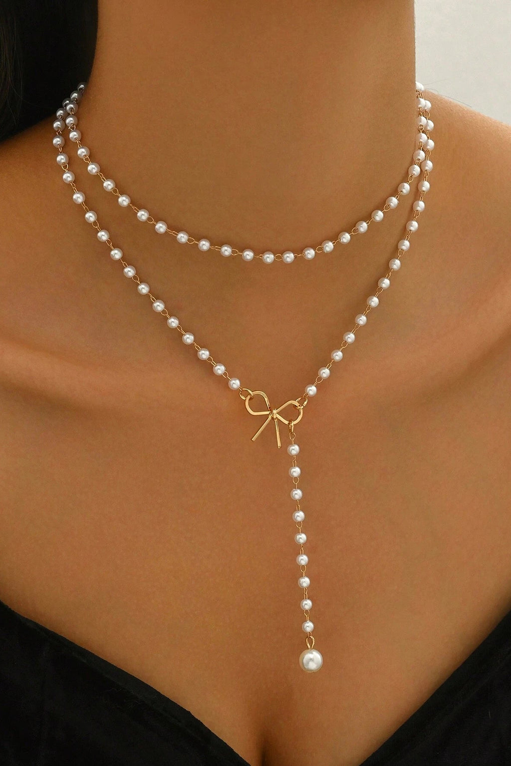 2-Tier Pearl Chain Necklace Gold Bow Y-Drop Pendant Dainty Romantic Layering Jewelry