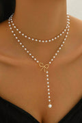 2-Tier Pearl Chain Necklace Gold Bow Y-Drop Pendant Dainty Romantic Layering Jewelry