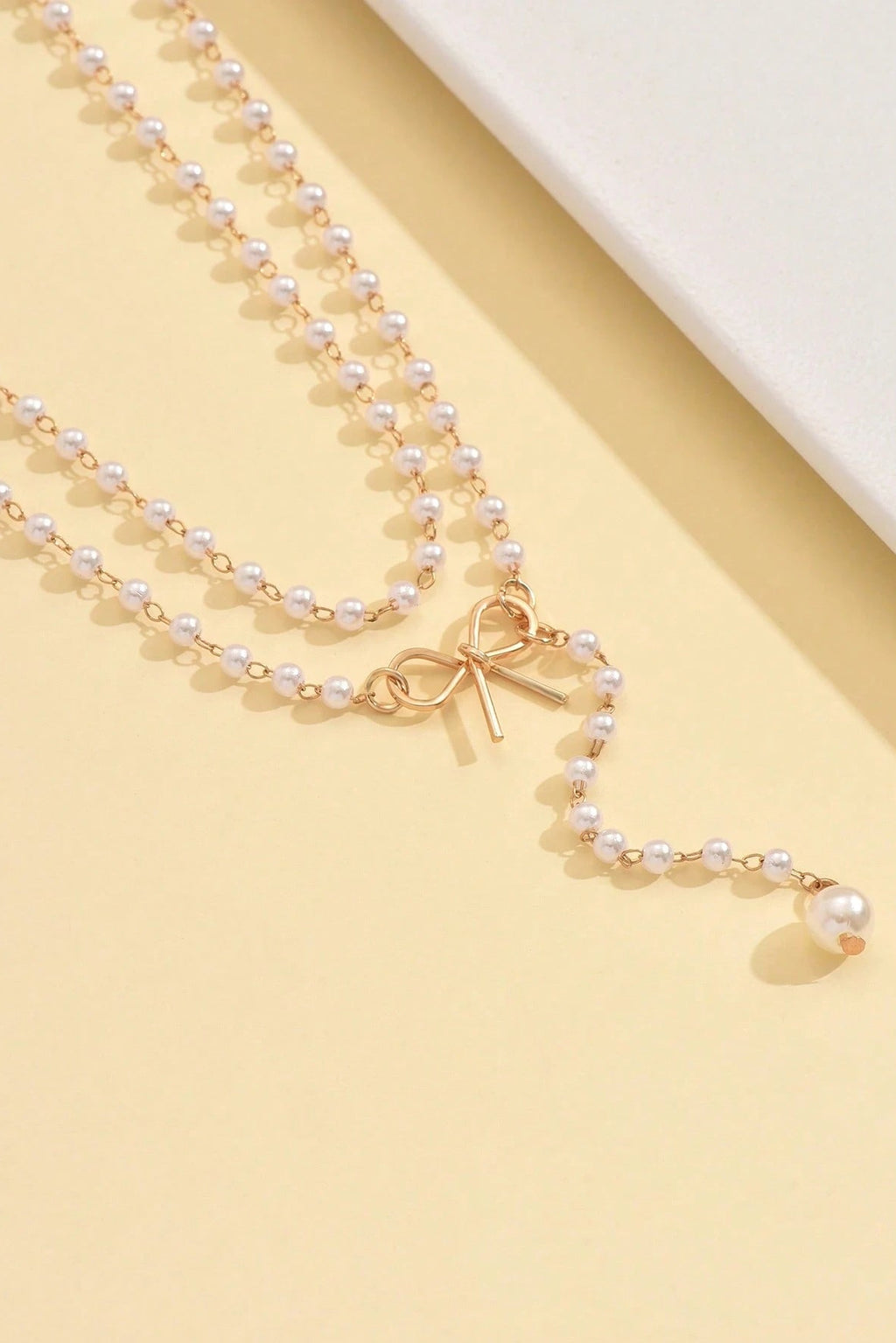 2-Tier Pearl Chain Necklace Gold Bow Y-Drop Pendant Dainty Romantic Layering Jewelry