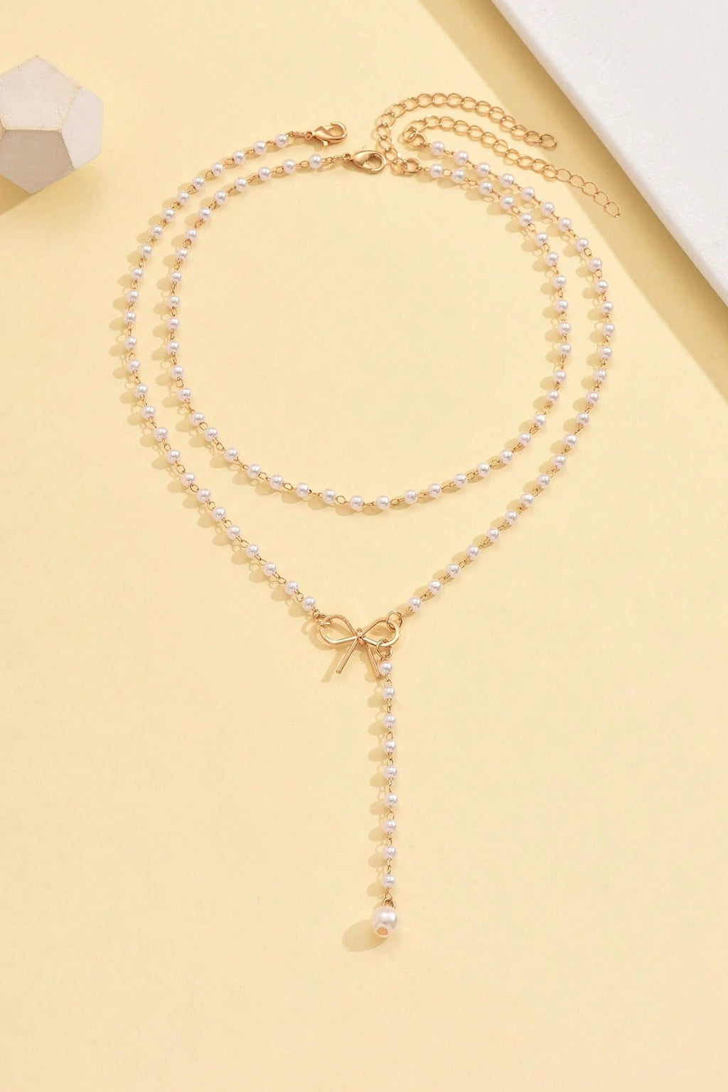 2-Tier Pearl Chain Necklace Gold Bow Y-Drop Pendant Dainty Romantic Layering Jewelry