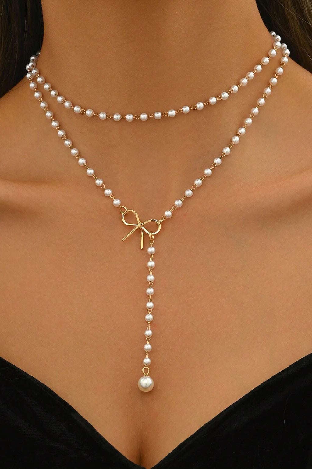 2-Tier Pearl Chain Necklace Gold Bow Y-Drop Pendant Dainty Romantic Layering Jewelry