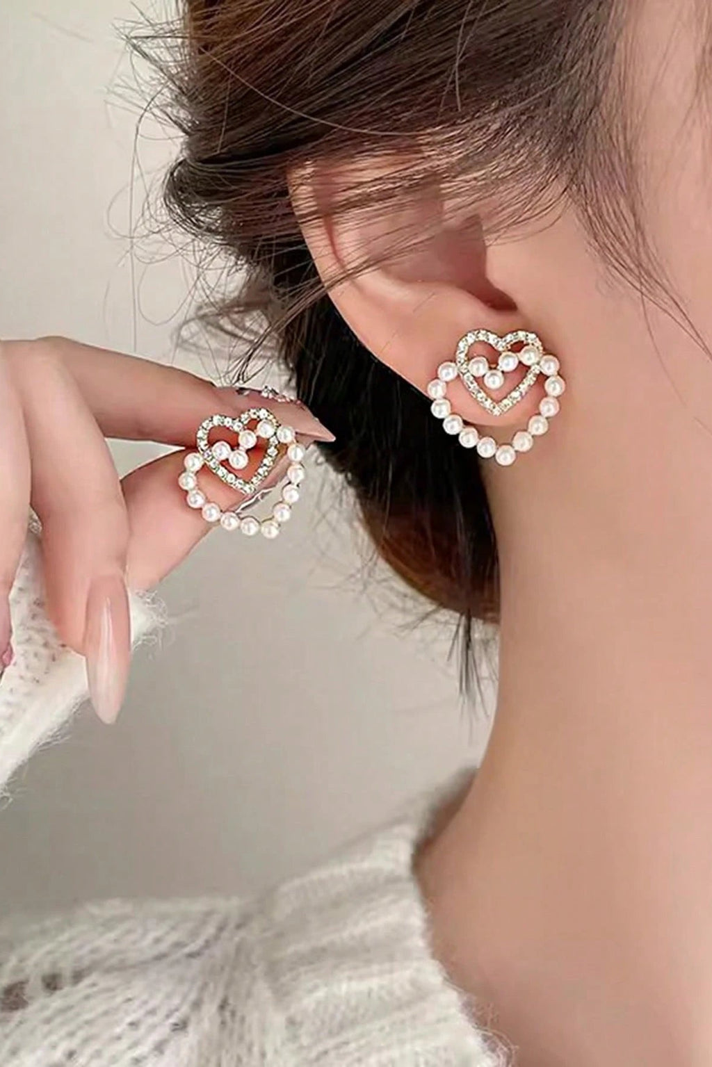 Tone Double Layer Heart Pearl Cubic Zirconia Stud Earrings Romantic Daily Bridal Jewelry