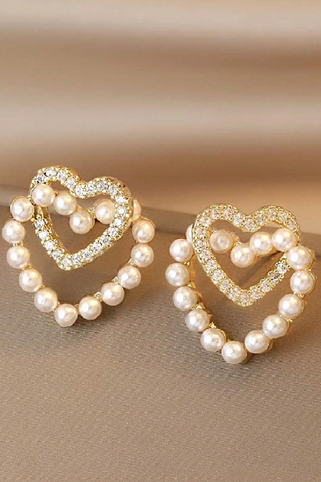 Tone Double Layer Heart Pearl Cubic Zirconia Stud Earrings Romantic Daily Bridal Jewelry