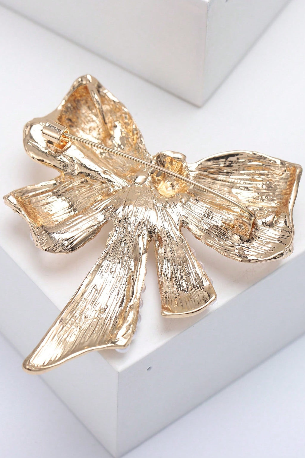 Gold Bow Brooch Pave AB Rhinestone Pearl Inlay Elegant Dress Lapel Pin Wedding Accessory