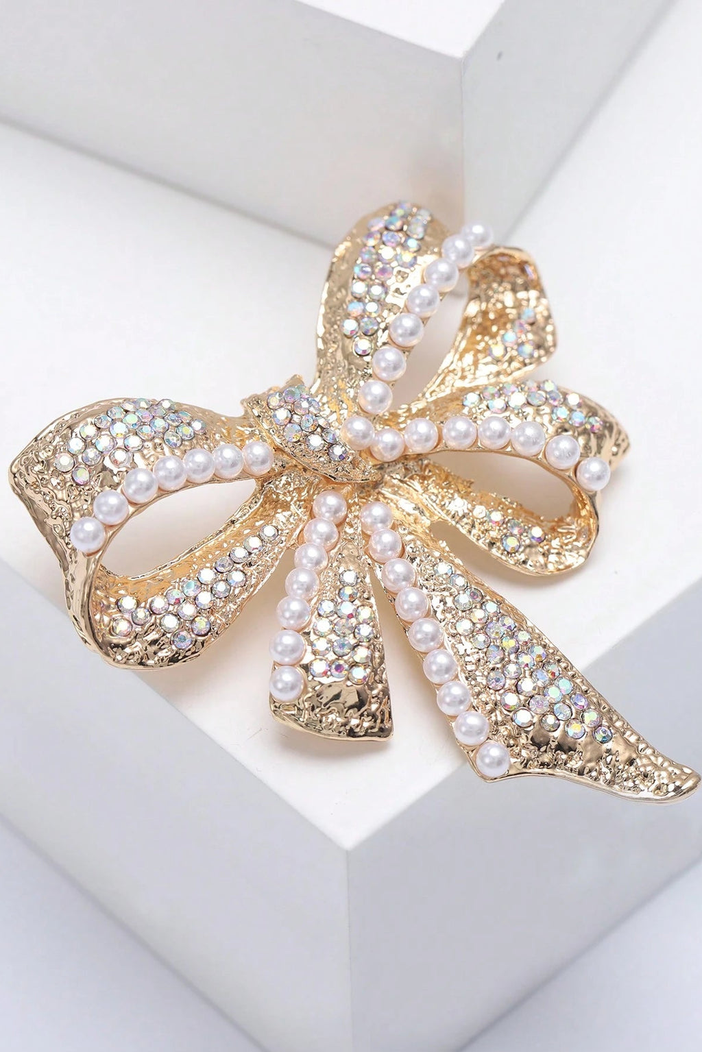 Gold Bow Brooch Pave AB Rhinestone Pearl Inlay Elegant Dress Lapel Pin Wedding Accessory