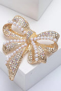 Gold Bow Brooch Pave AB Rhinestone Pearl Inlay Elegant Dress Lapel Pin Wedding Accessory