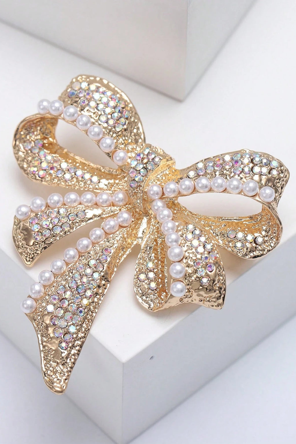 Gold Bow Brooch Pave AB Rhinestone Pearl Inlay Elegant Dress Lapel Pin Wedding Accessory