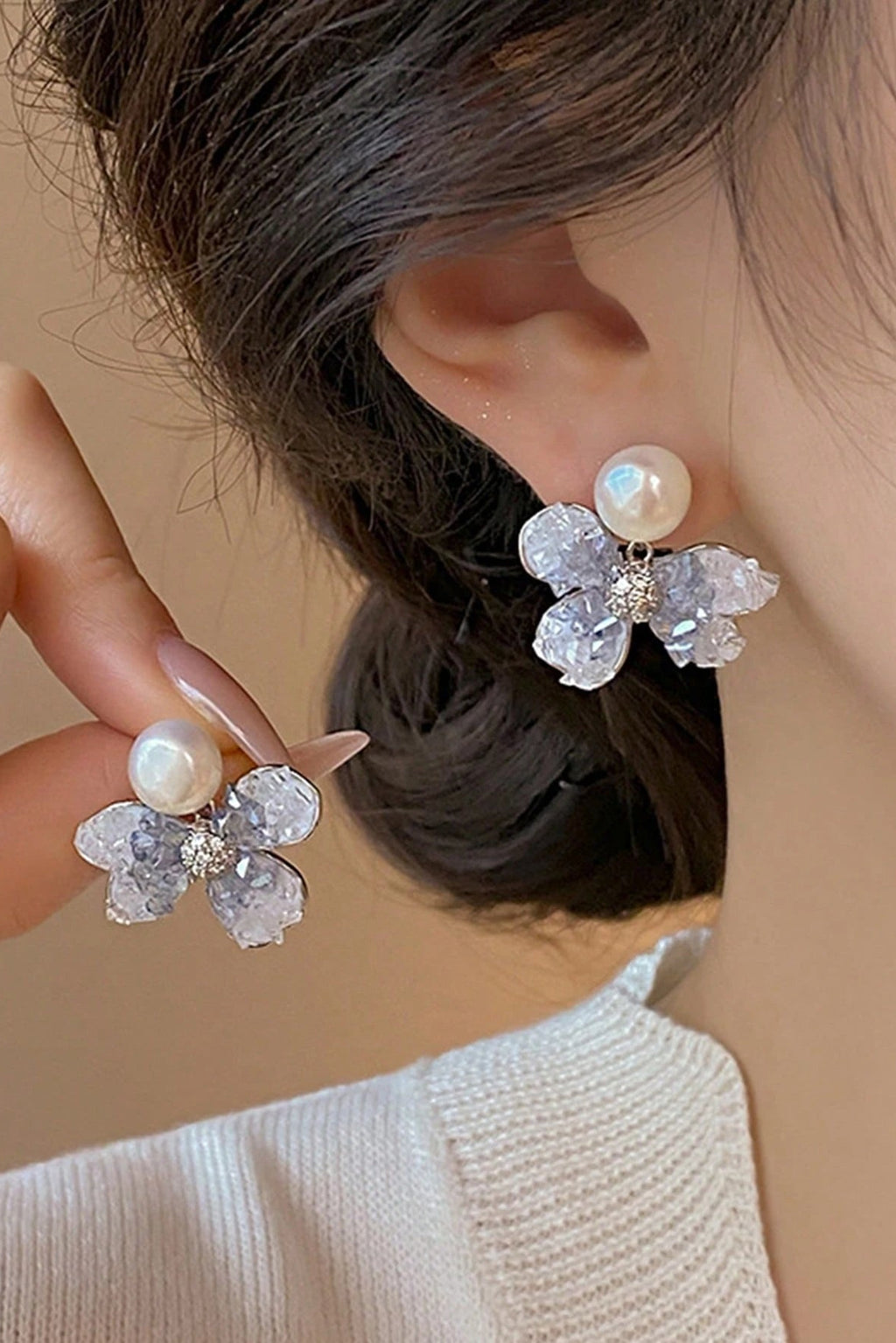 Ice Blue Floral Crystal Pearl Stud Earrings Delicate Silver Jewelry
