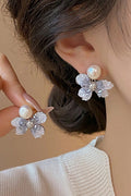 Ice Blue Floral Crystal Pearl Stud Earrings Delicate Silver Jewelry