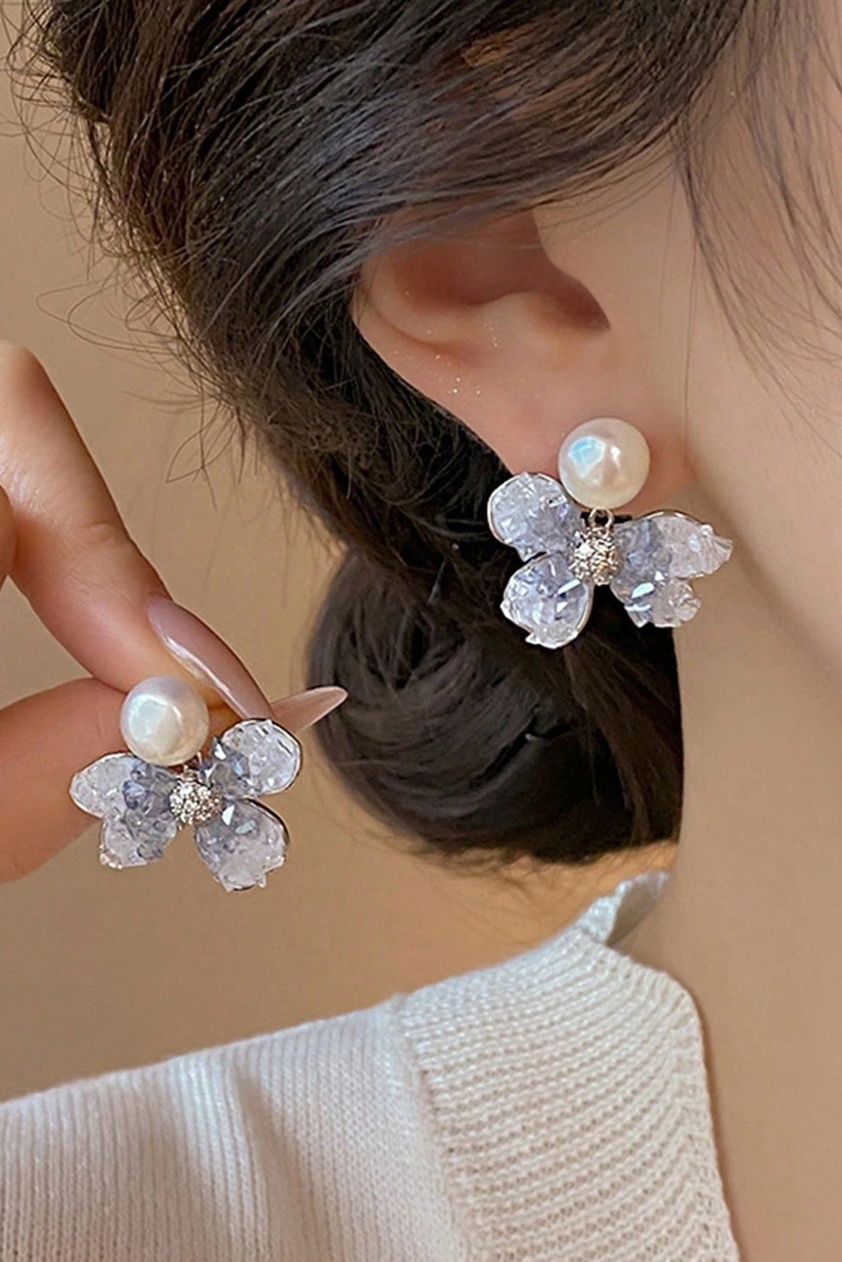 Ice Blue Floral Crystal Pearl Stud Earrings Delicate Silver Jewelry