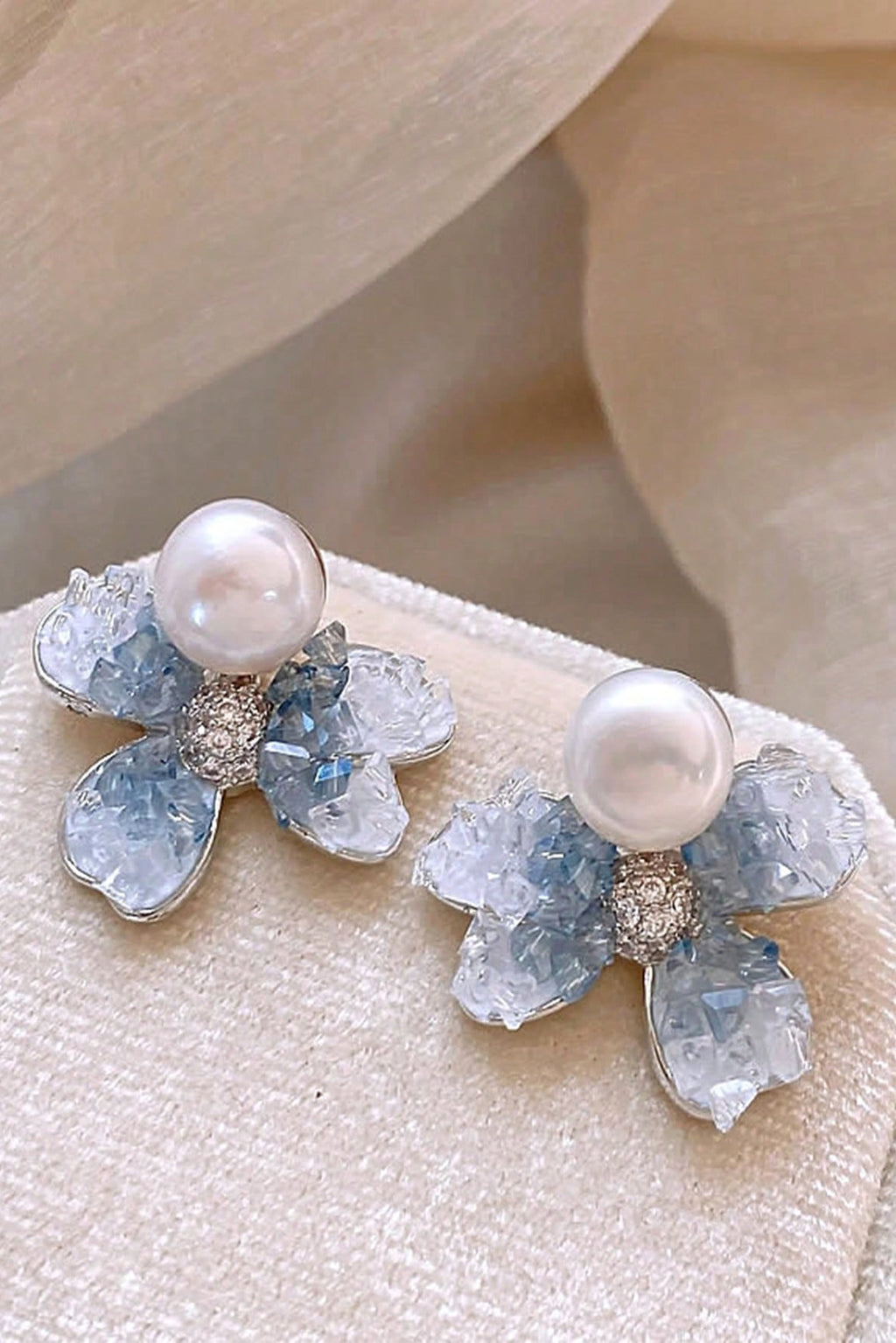 Ice Blue Floral Crystal Pearl Stud Earrings Delicate Silver Jewelry