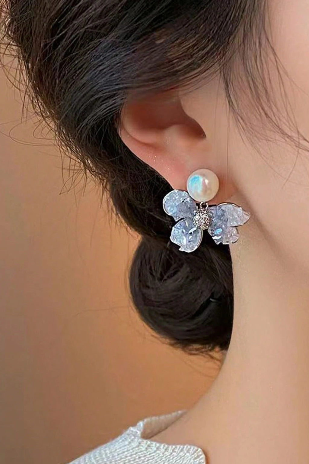 Ice Blue Floral Crystal Pearl Stud Earrings Delicate Silver Jewelry