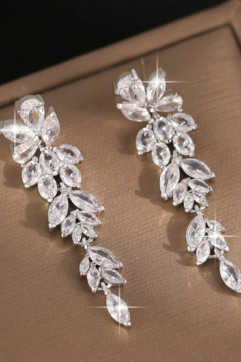 Silver Tone Marquise Leaf Cluster Long Drop Earrings Bridal Wedding CZ Crystal Dangle Earrings