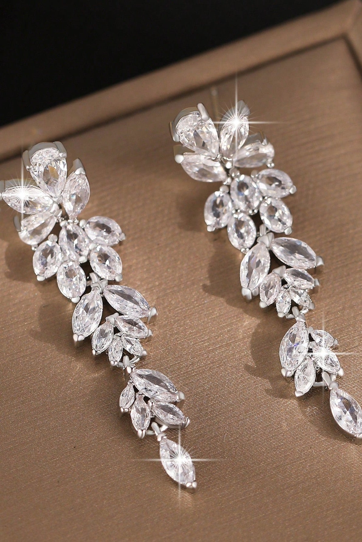 Silver Tone Marquise Leaf Cluster Long Drop Earrings Bridal Wedding CZ Crystal Dangle Earrings