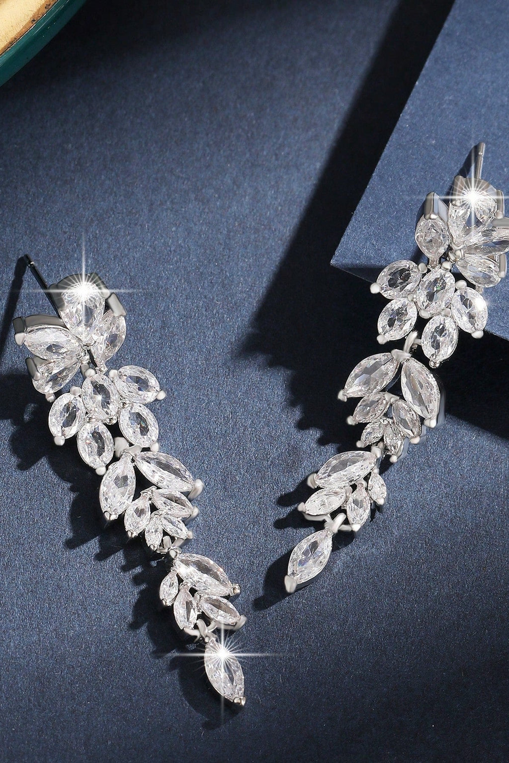 Silver Tone Marquise Leaf Cluster Long Drop Earrings Bridal Wedding CZ Crystal Dangle Earrings