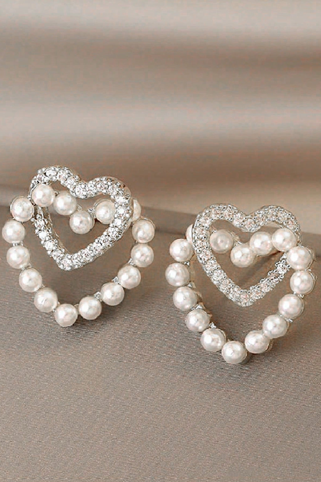 Tone Double Layer Heart Pearl Cubic Zirconia Stud Earrings Romantic Daily Bridal Jewelry