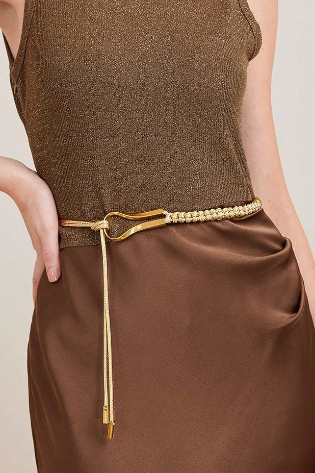 Gold Thin Braided Drawstring Waist Belt Woven Rope Tie Waistband for Women