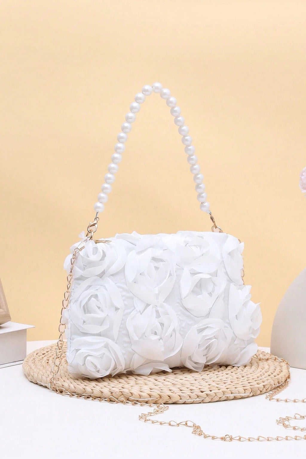 3D White Floral Zipper Clutch with Pearl Handle & Detachable Gold Crossbody Chain