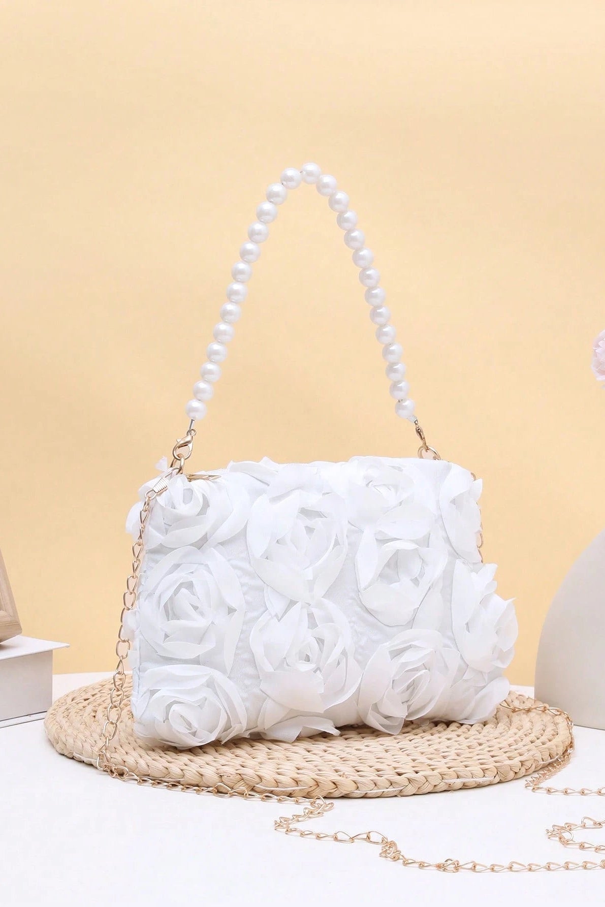 3D White Floral Zipper Clutch with Pearl Handle & Detachable Gold Crossbody Chain