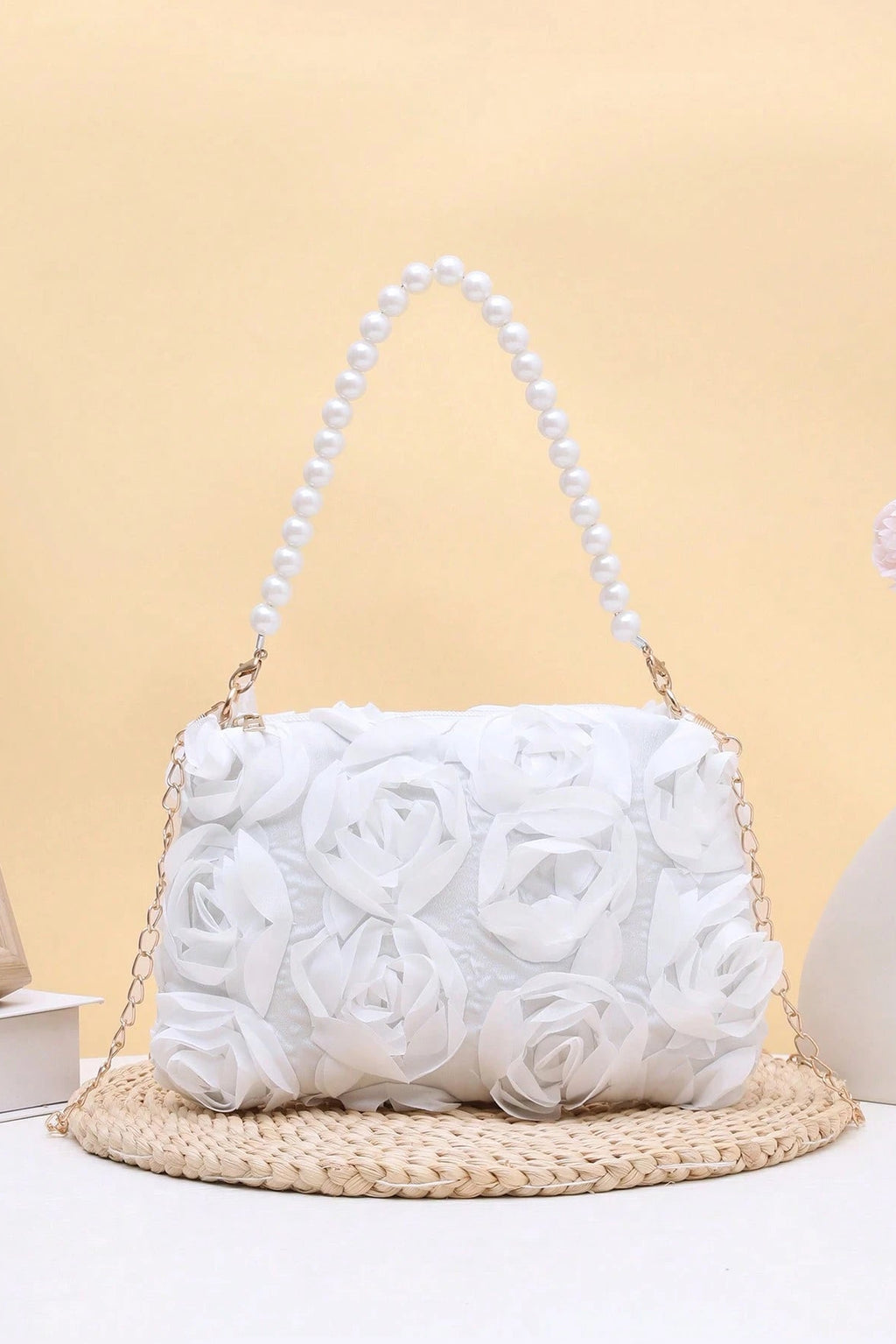 3D White Floral Zipper Clutch with Pearl Handle & Detachable Gold Crossbody Chain