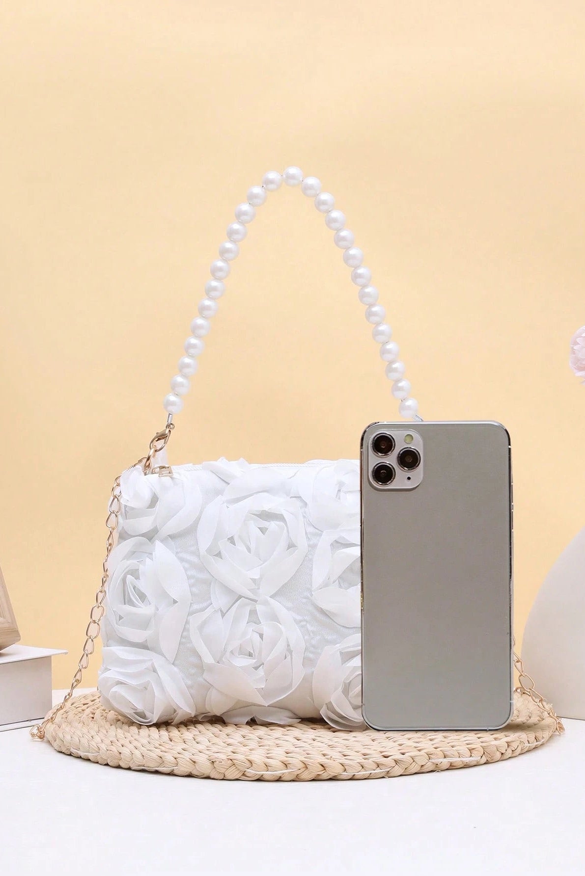 3D White Floral Zipper Clutch with Pearl Handle & Detachable Gold Crossbody Chain