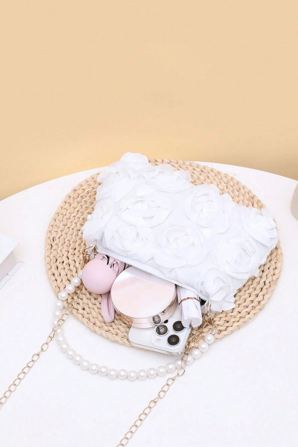 3D White Floral Zipper Clutch with Pearl Handle & Detachable Gold Crossbody Chain