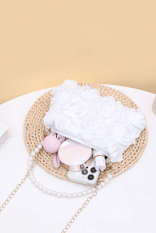 3D White Floral Zipper Clutch with Pearl Handle & Detachable Gold Crossbody Chain