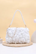 3D White Floral Zipper Clutch with Pearl Handle & Detachable Gold Crossbody Chain