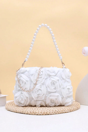 3D White Floral Zipper Clutch with Pearl Handle & Detachable Gold Crossbody Chain