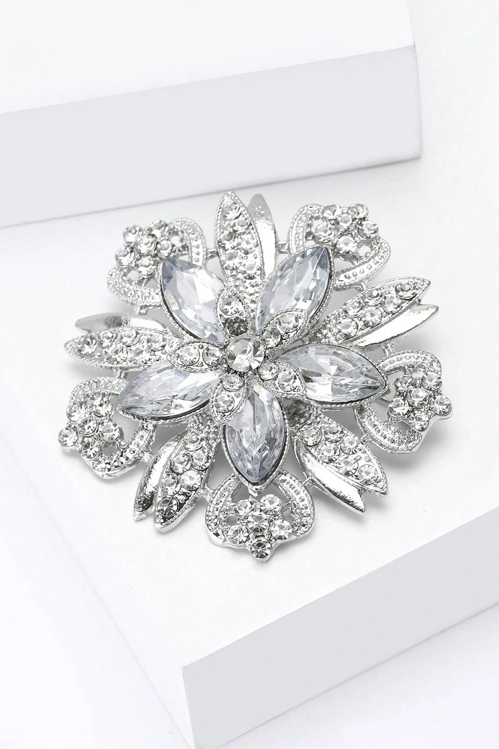 Silver Hollow Flower Brooch Marquise Clear Rhinestone Vintage Floral Lapel Pin Bridal Shawl Clip