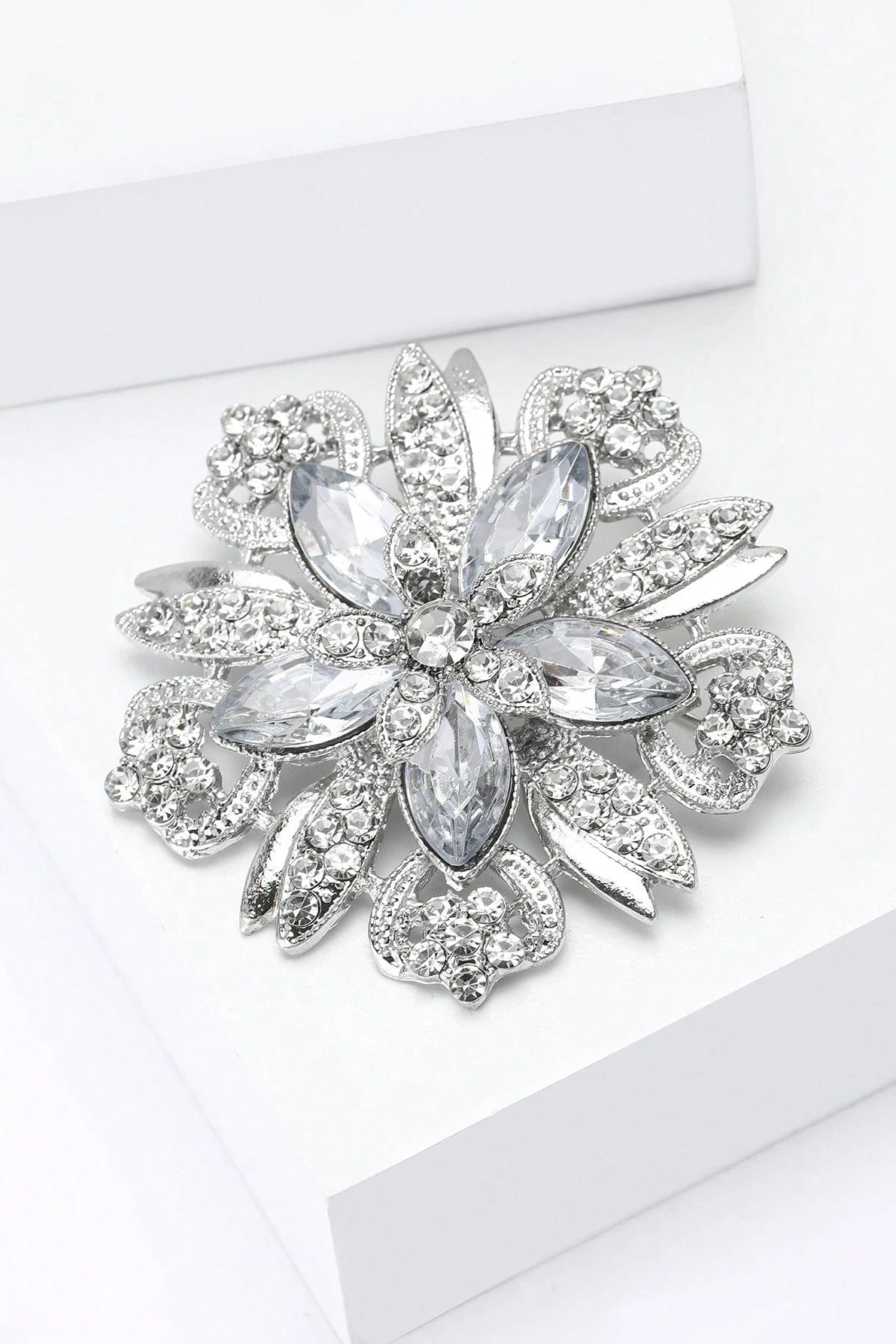 Silver Hollow Flower Brooch Marquise Clear Rhinestone Vintage Floral Lapel Pin Bridal Shawl Clip