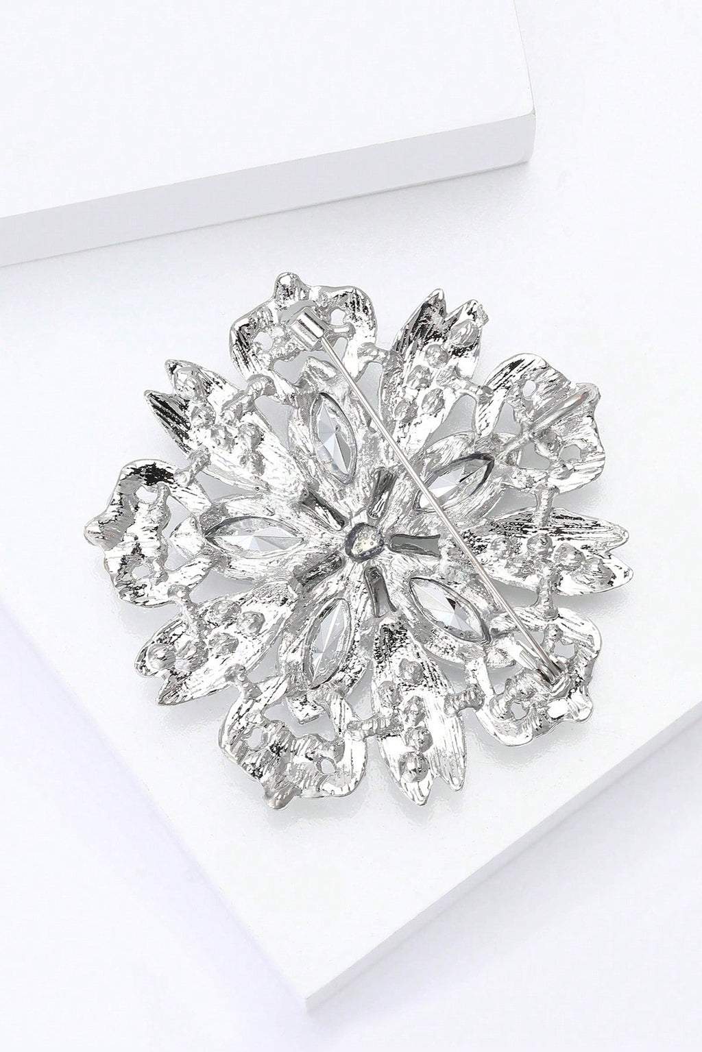 Silver Hollow Flower Brooch Marquise Clear Rhinestone Vintage Floral Lapel Pin Bridal Shawl Clip