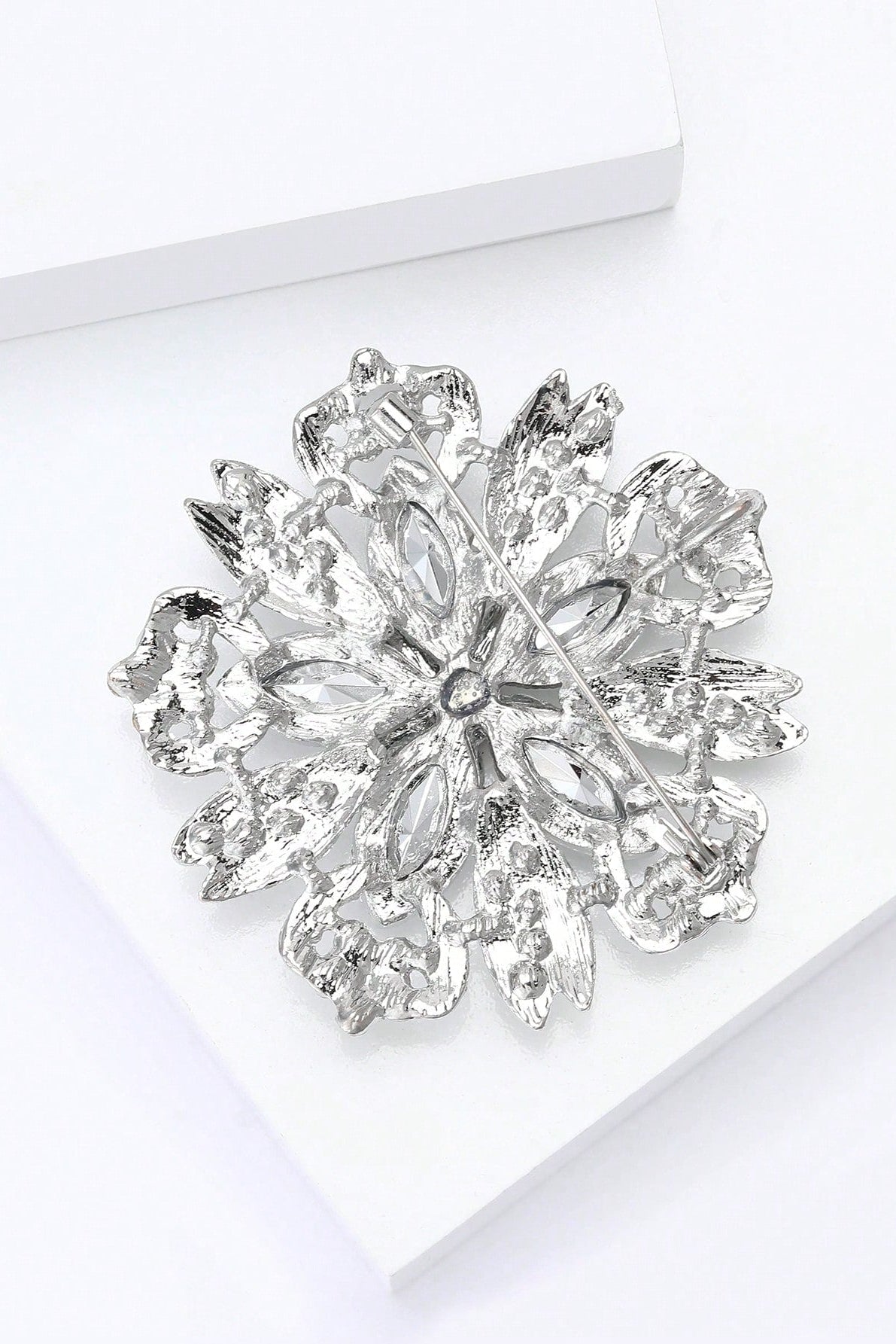 Silver Hollow Flower Brooch Marquise Clear Rhinestone Vintage Floral Lapel Pin Bridal Shawl Clip