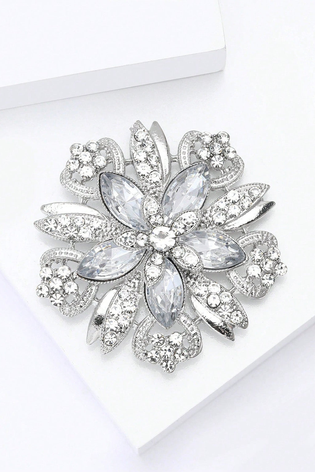Silver Hollow Flower Brooch Marquise Clear Rhinestone Vintage Floral Lapel Pin Bridal Shawl Clip