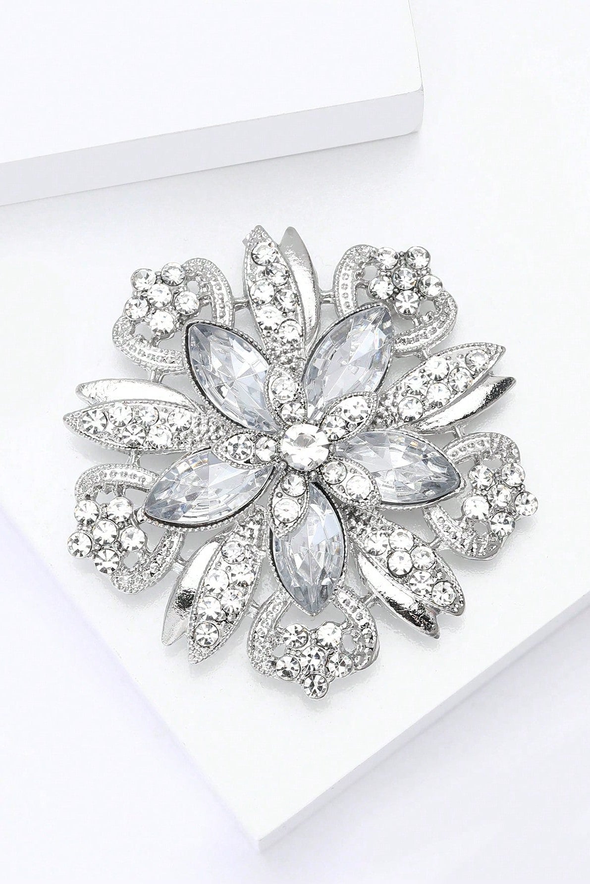 Silver Hollow Flower Brooch Marquise Clear Rhinestone Vintage Floral Lapel Pin Bridal Shawl Clip