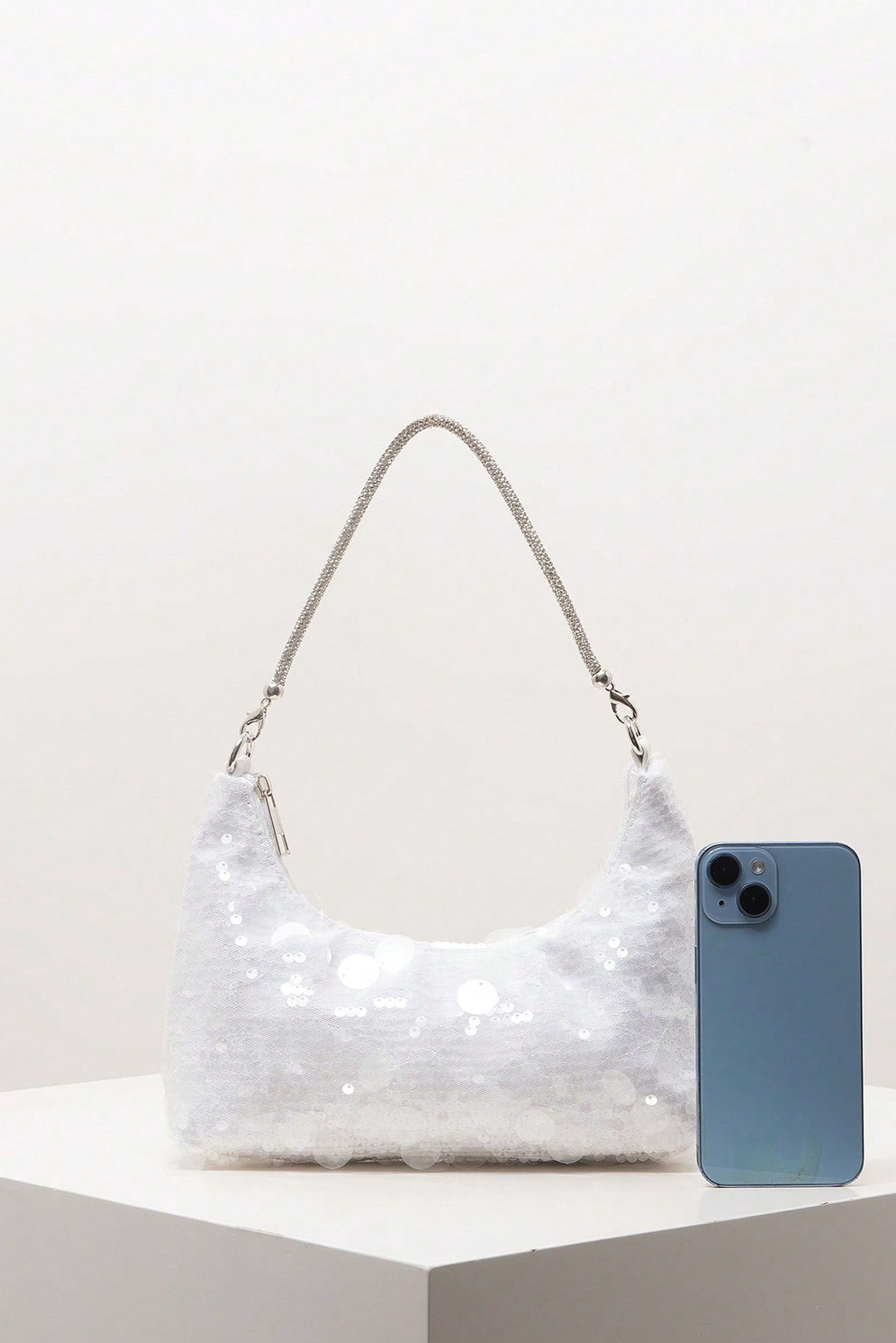 All Over White Mixed Size Flat Sequin Mini Curved Hobo Bag Rhinestone Inlaid Silver Chain Shoulder Strap
